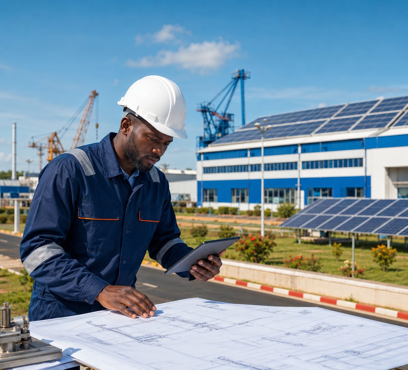 Ingénieur consultant les plans sur tablette près des panneaux solaires